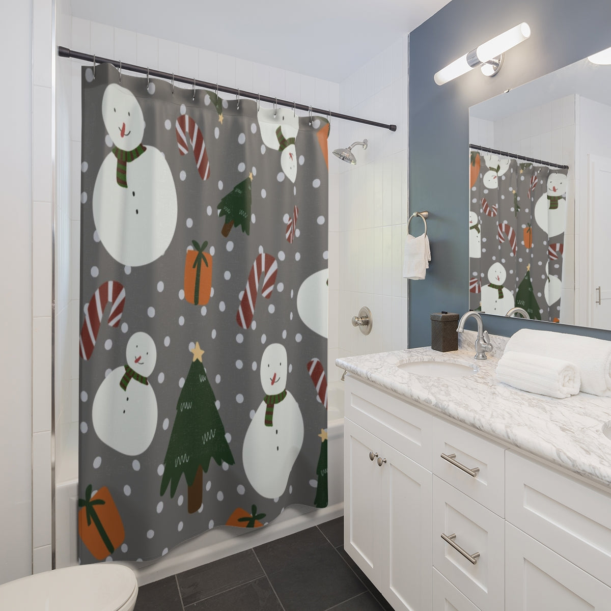 Christmas Shower Curtain | Gray Snowmen Candy Cane Gifts