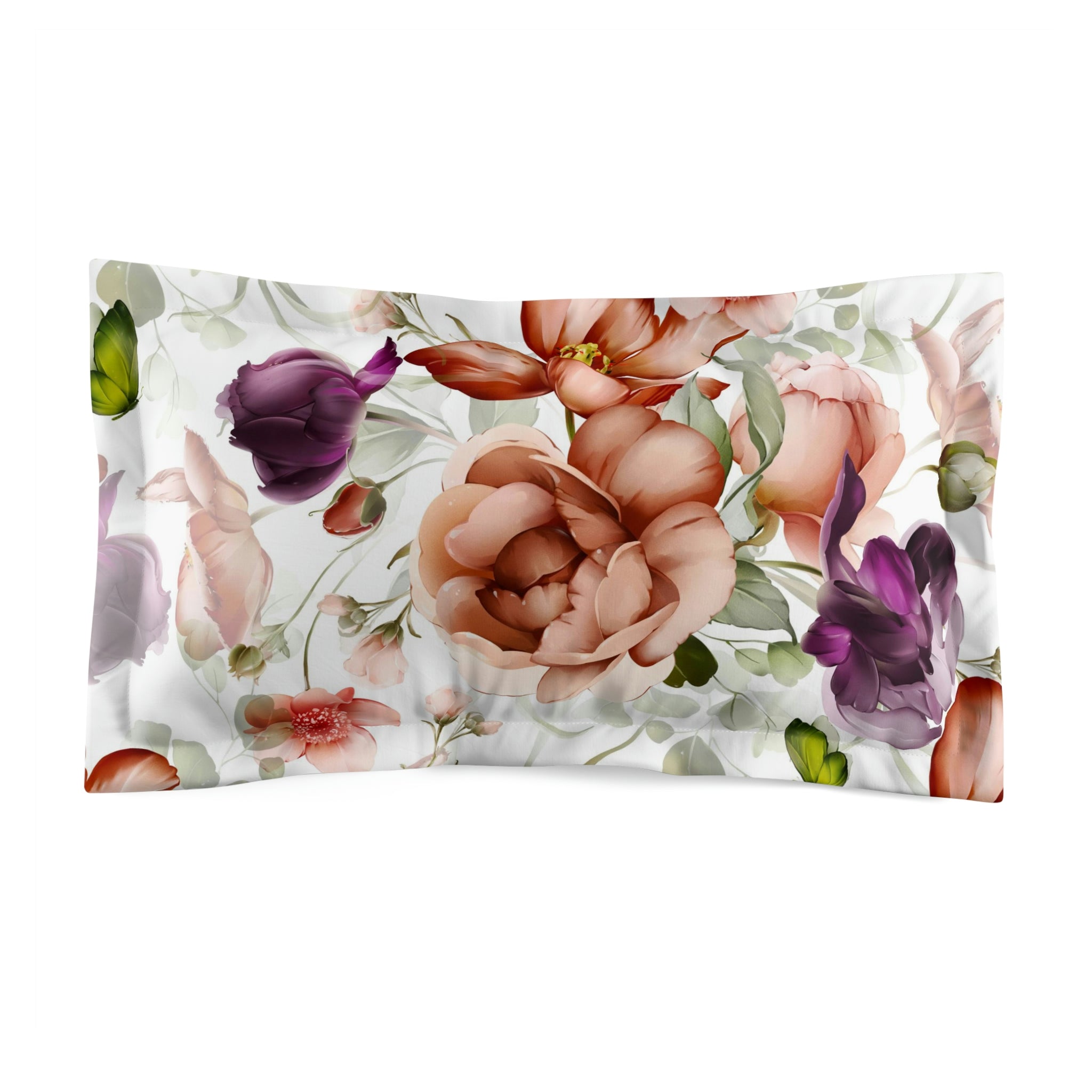 Bedding Pillow Sham | White Purple Rust Peonies Garden