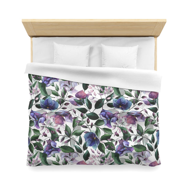 Floral Duvet Cover | White Purple Blue Green Jungle Flowers