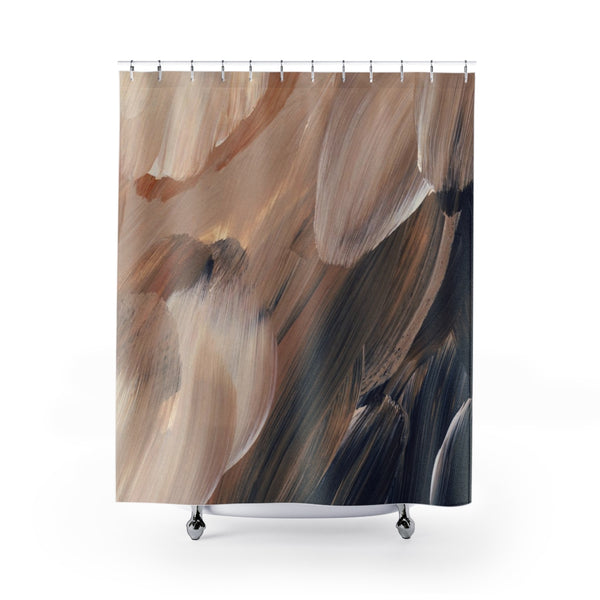Abstract Boho Shower Curtain |  Navy Blue Beige | Brush Strokes