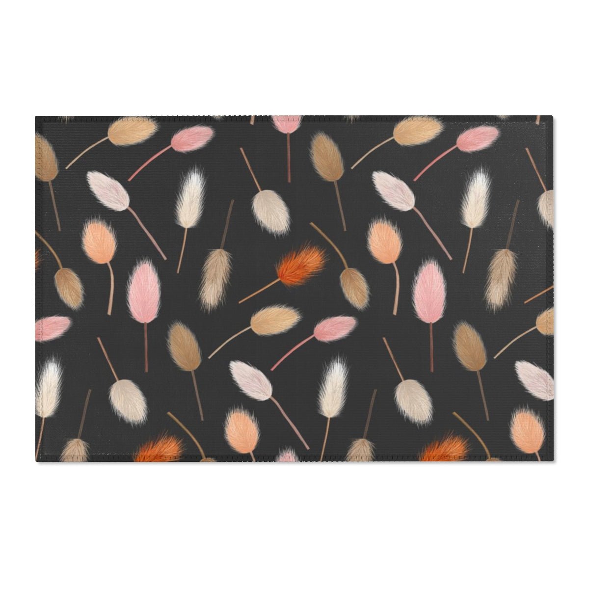 Abstract Boho Area Rug | Black Peach Beige Pompoms