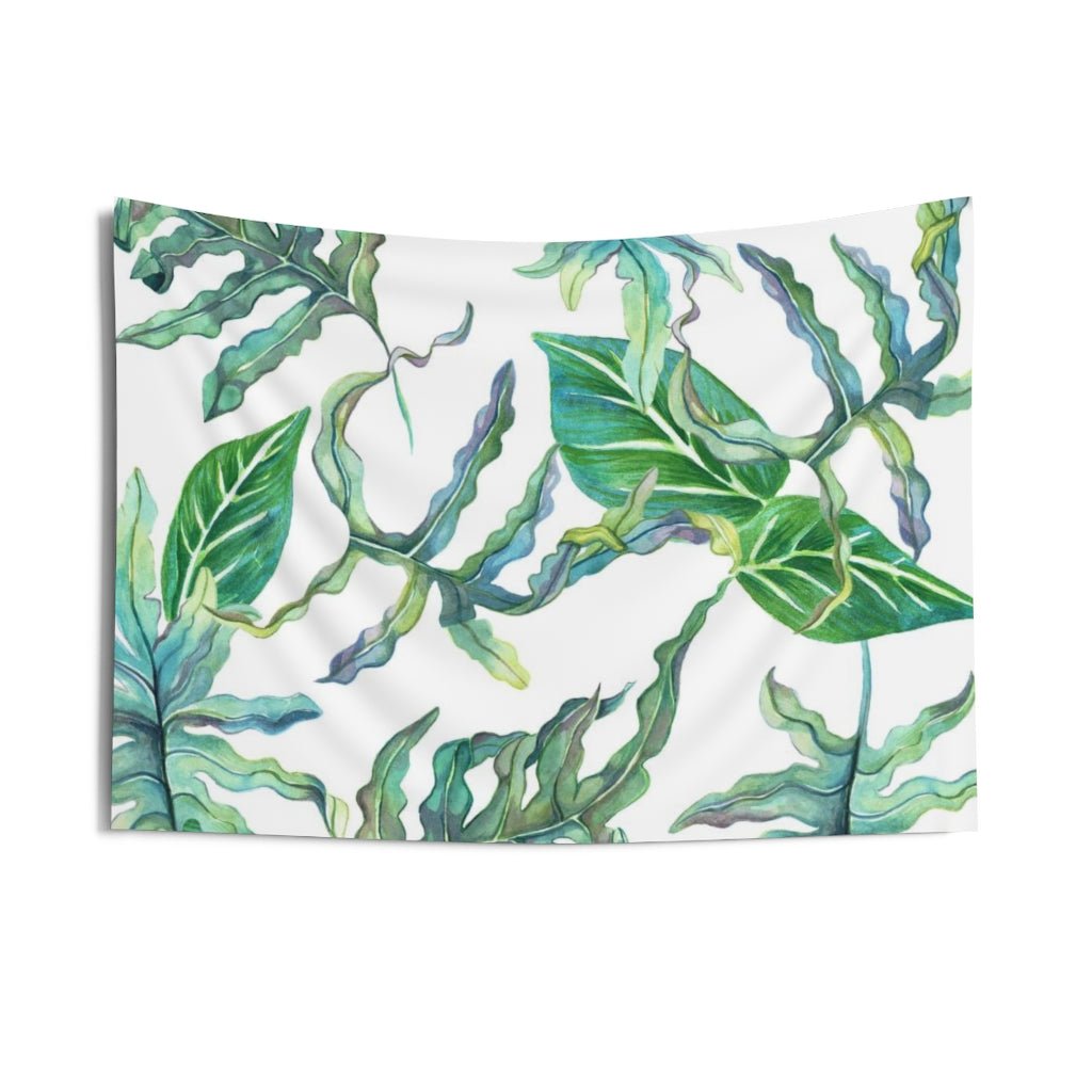 Floral Tapestry | White Green Tropical Leaves