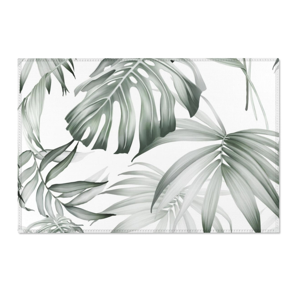 Floral Area Rug | Green Silver White Jungle Leaves