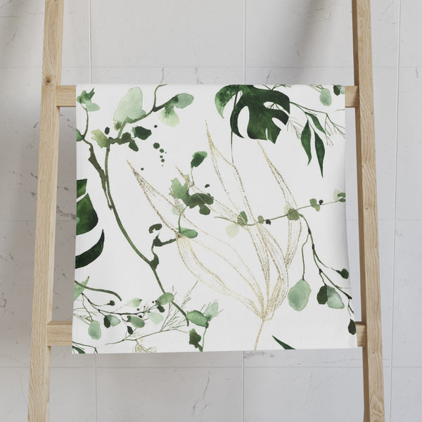 Floral Boho Kitchen, Bath Hand Towel | White Green Monstera Jungle Leaves