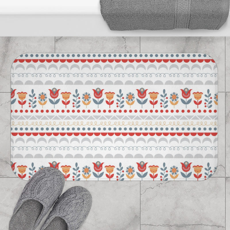 Christmas Bath Mat | Orange Red Nordic Folk Floral Pattern