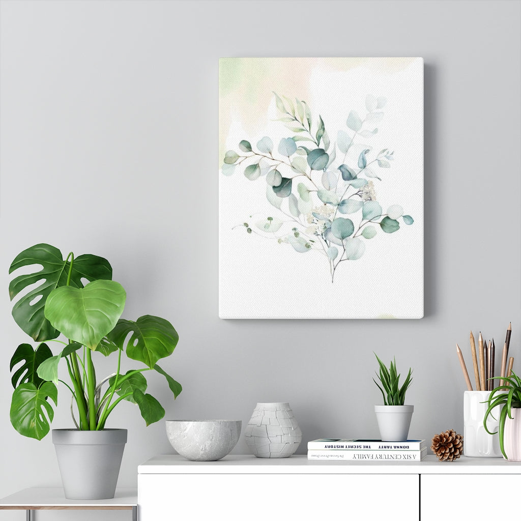 FLORAL WALL CANVAS ART | White Green Eucalyptus Leaves