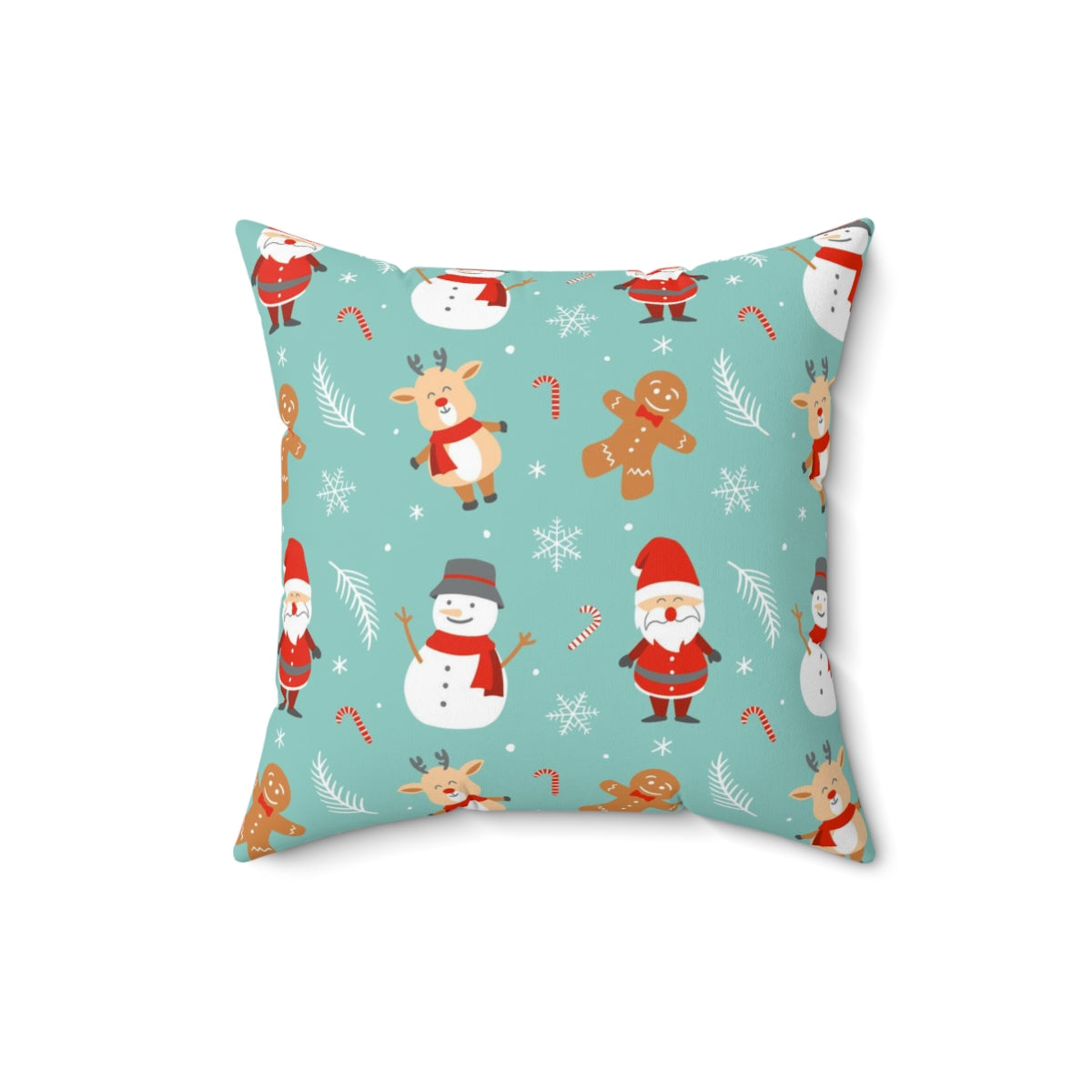 Christmas Square Pillow Cover | Teal Green Cute Christmas Snowman Santa