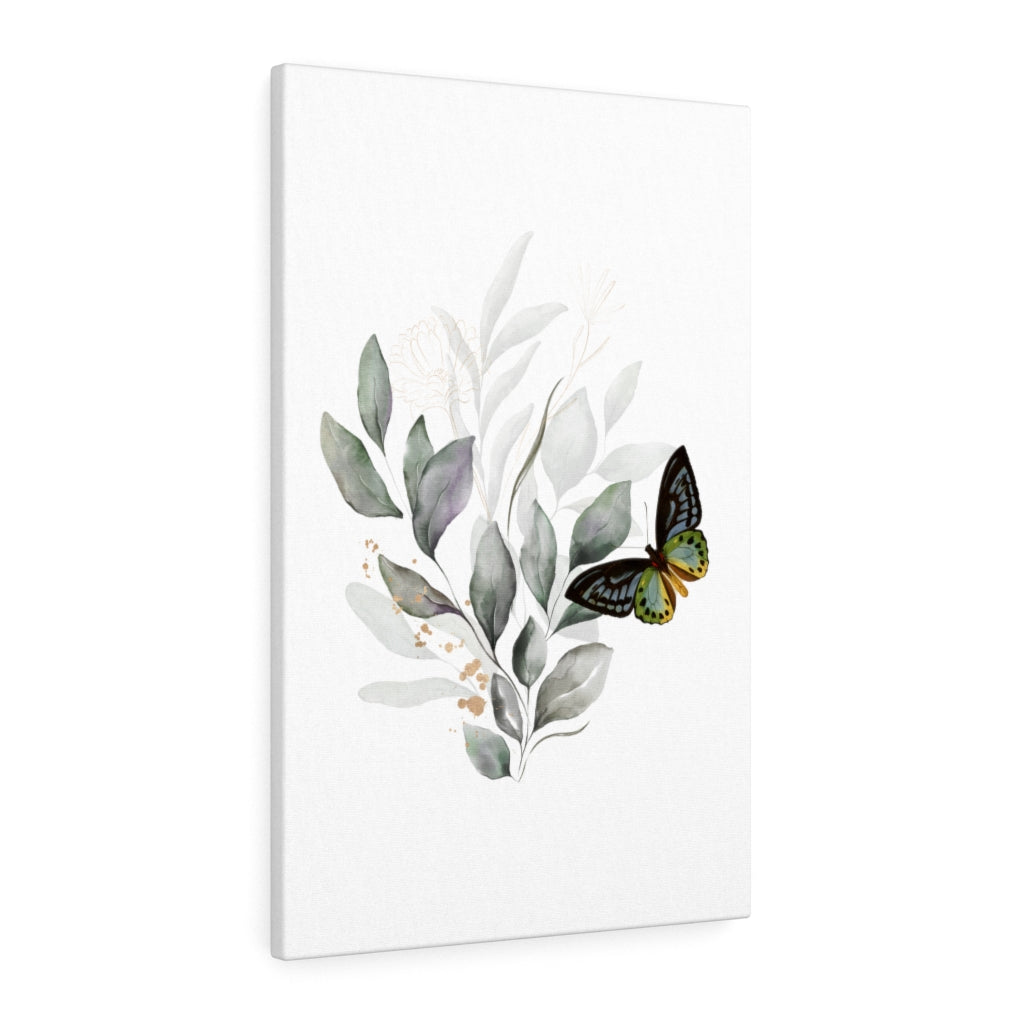 FLORAL CANVAS ART | White Grey Leaves Butterfly