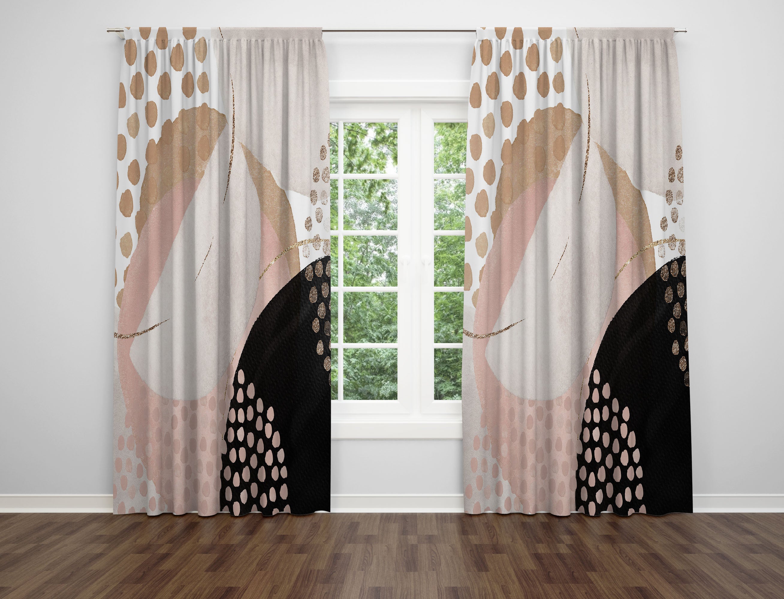 modern abstract, blush pink, black unique window curtains