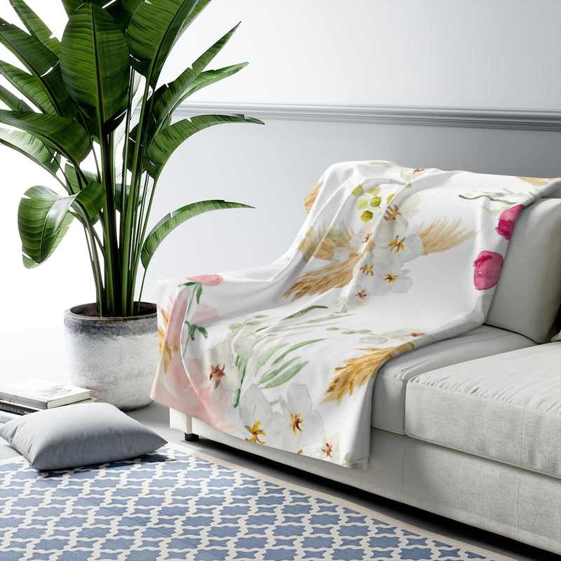 Floral Boho Comfy Blanket | White Pink Orchids