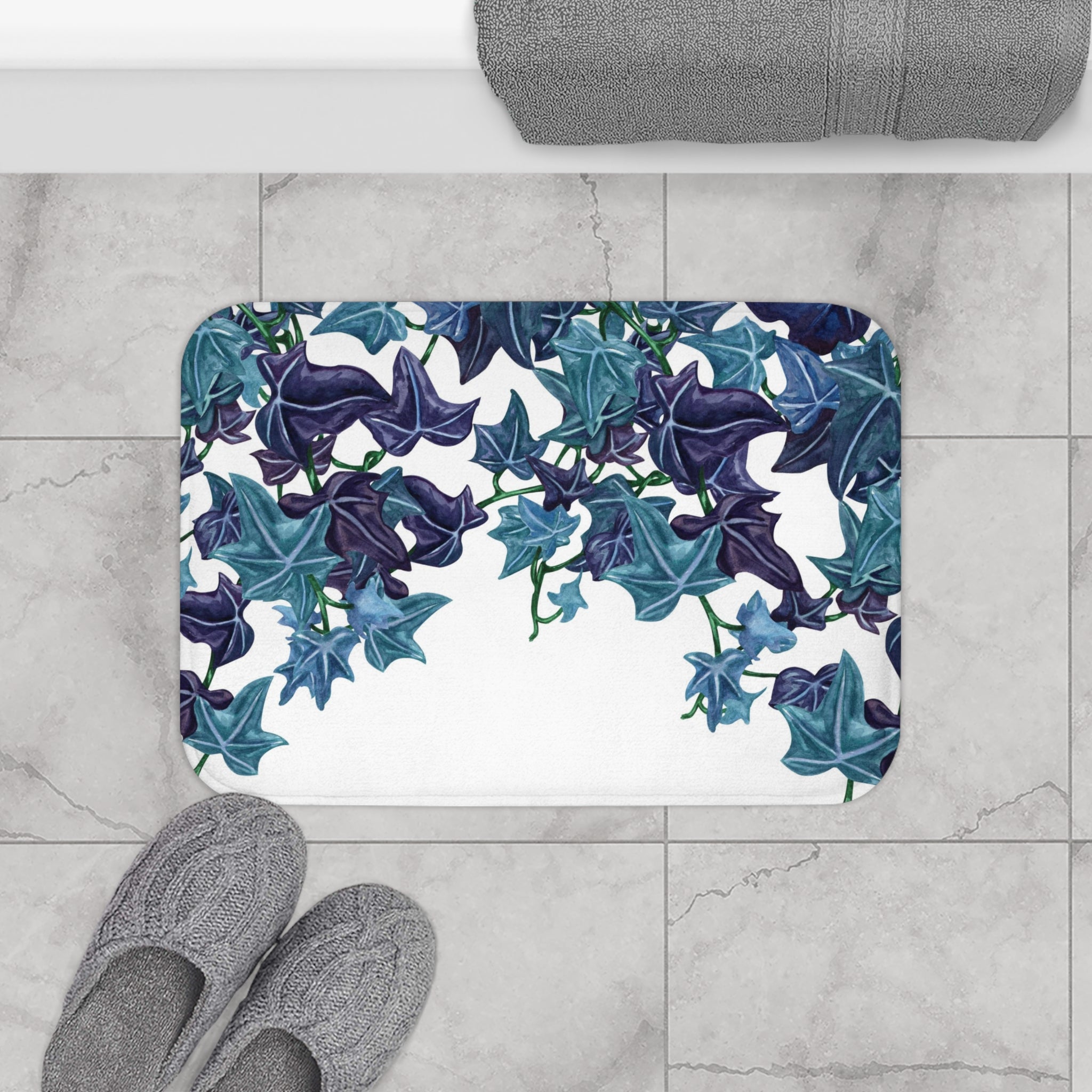 Floral Boho Bath, Kitchen Mat, Rug | Jungle White Teal Blue Vine