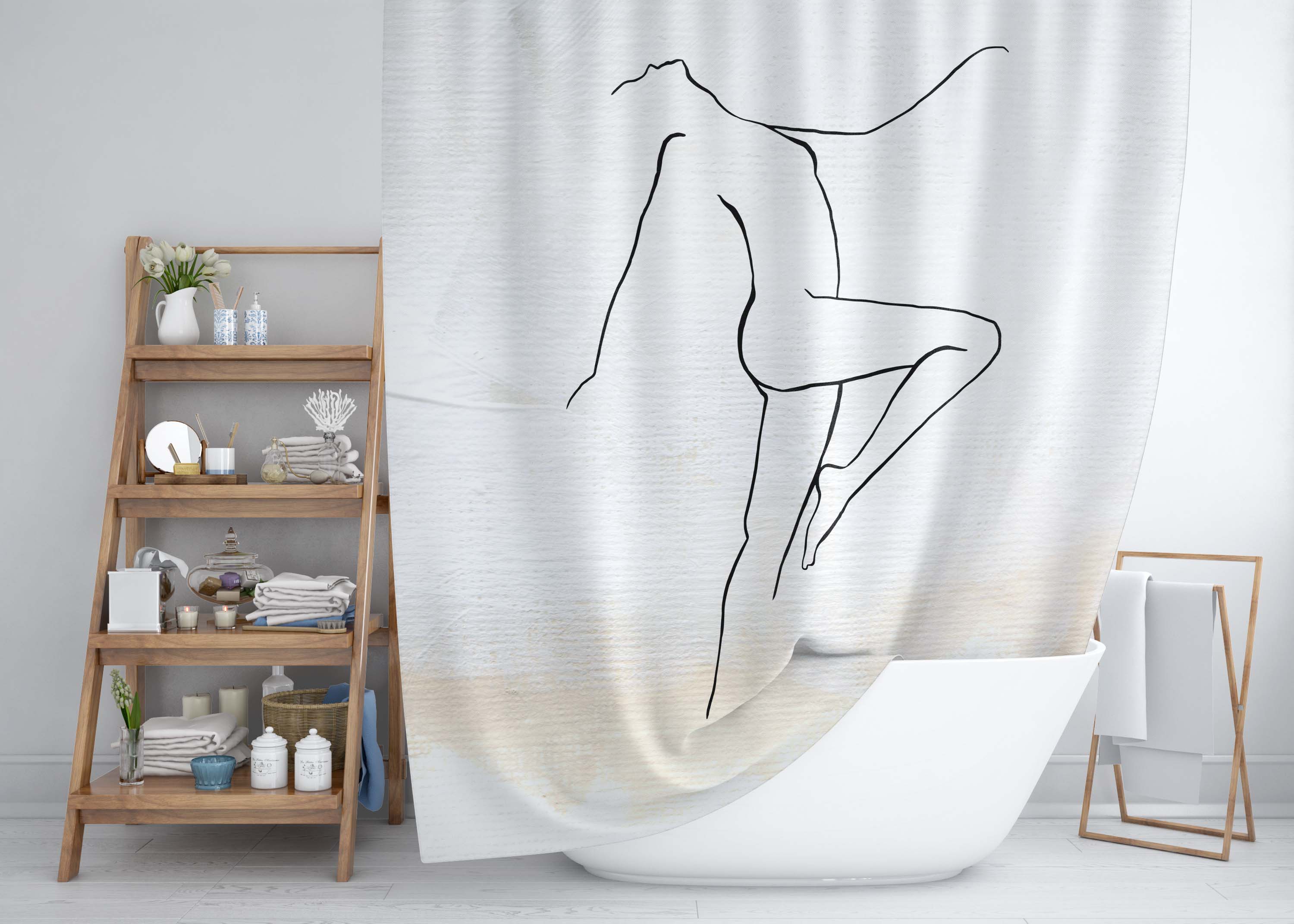 Terracotta Shower Curtain | Cream Woman | One Line Art