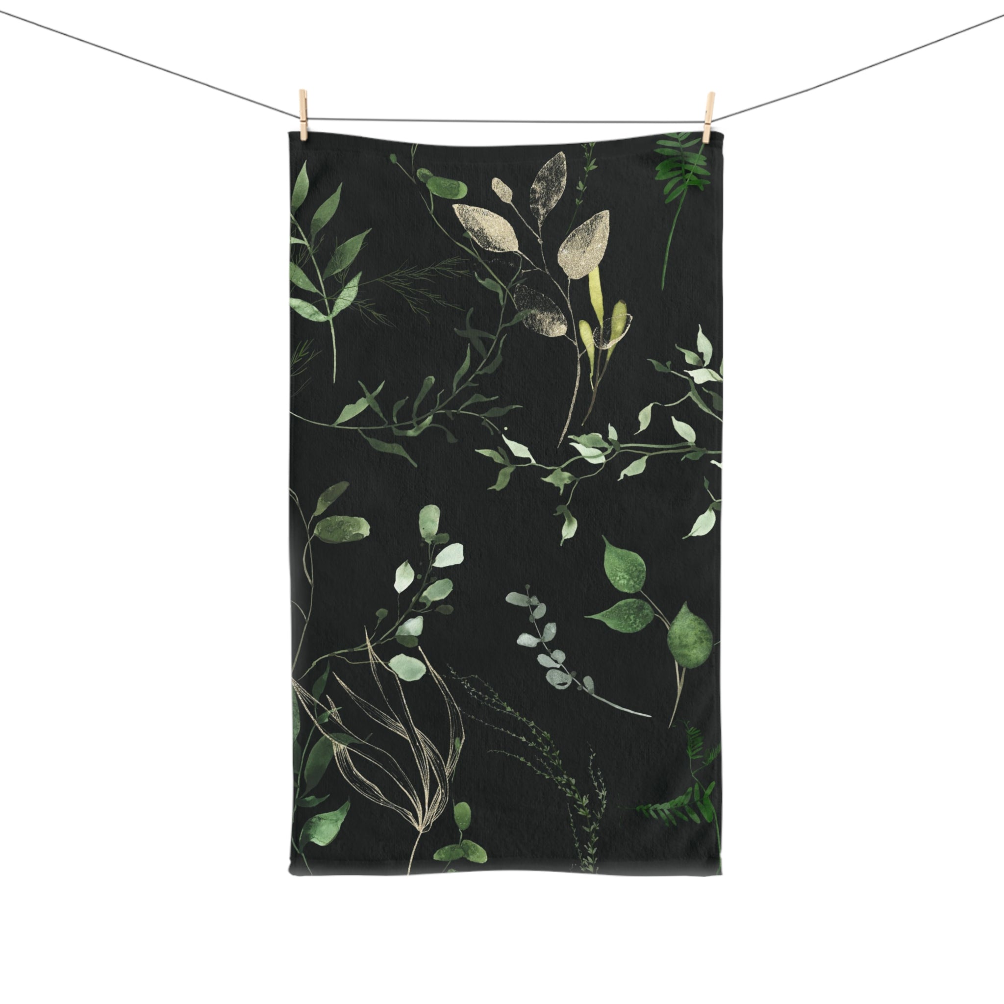 Floral Boho Kitchen, Bath Hand Towel | Jungle Black Sage Green Leaves