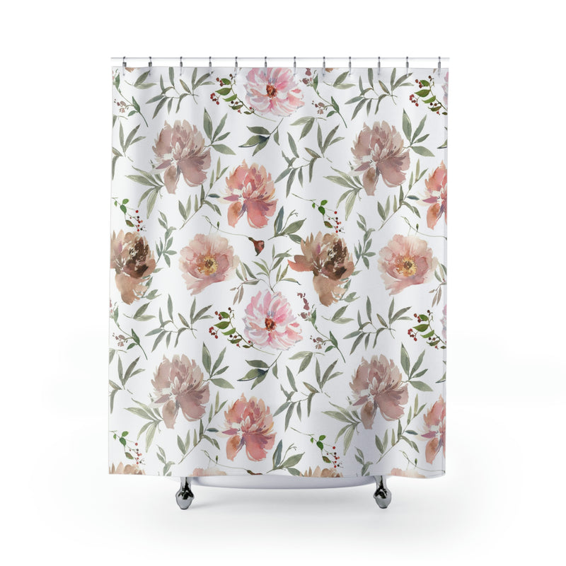 Floral Shower Curtain | Pastel Blush Pink Beige Roses, Pale Green