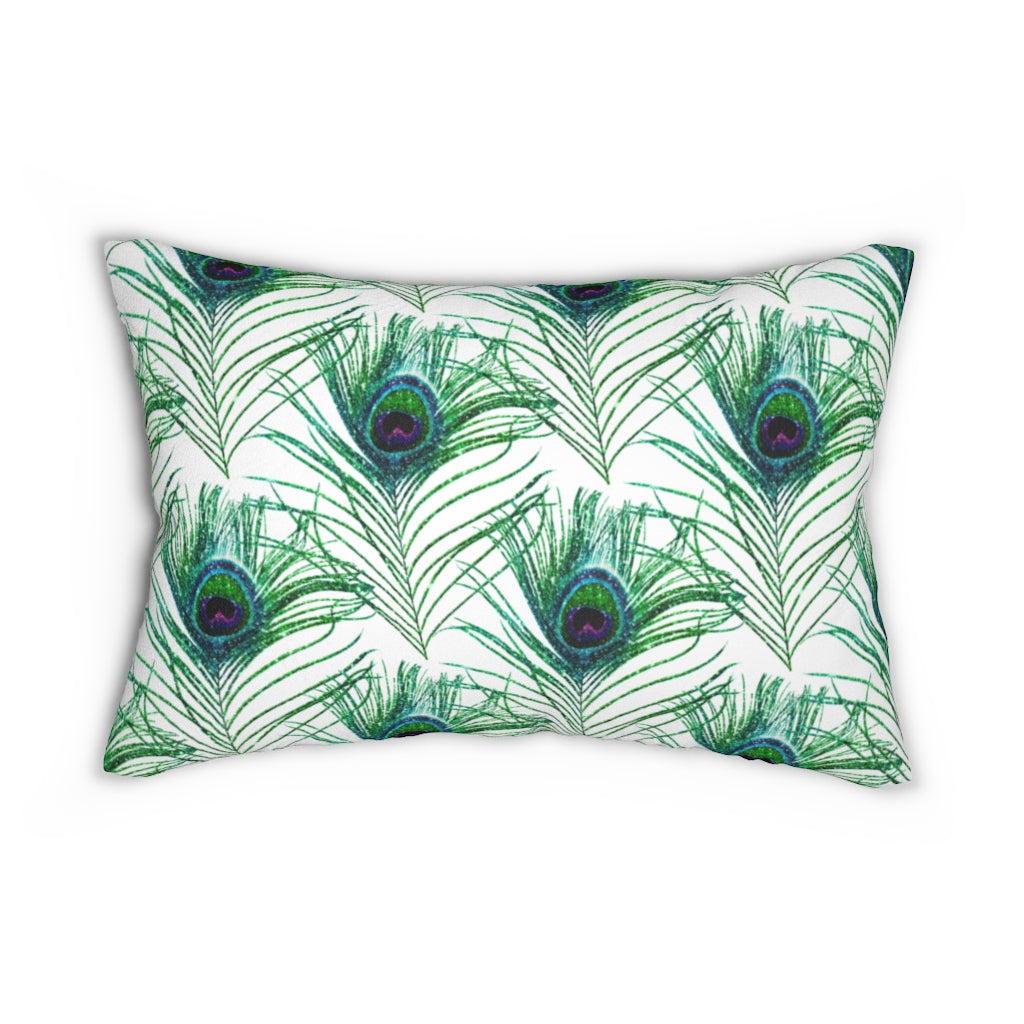 Abstract Boho Lumbar Pillow | White | Peacock Feathers