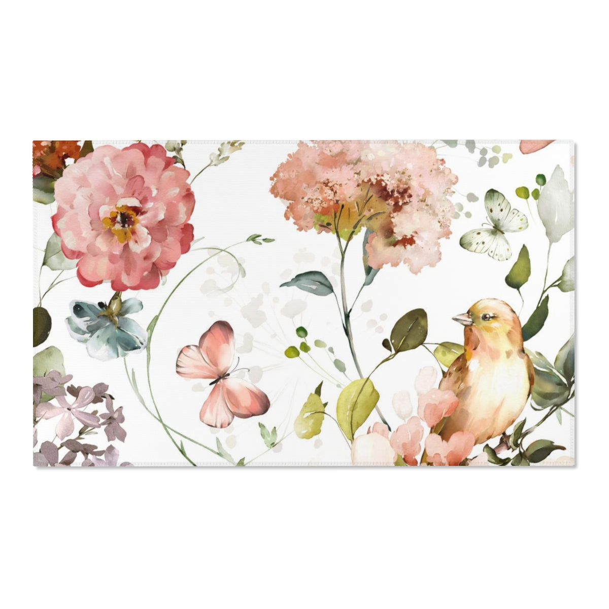 Floral Area Rug | White Peach Blossoms Butterflies