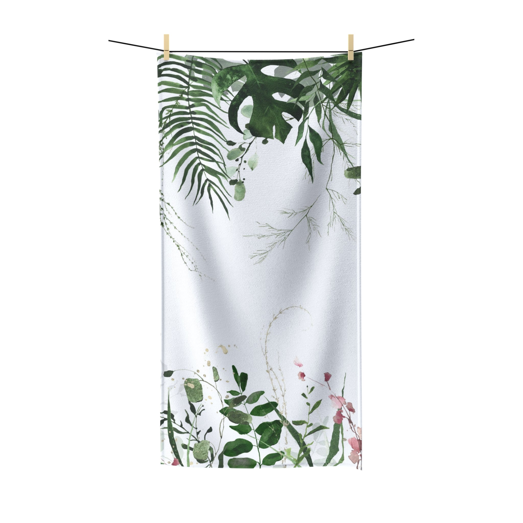 Floral Boho Bath Beach Towel | White Green Monstera Jungle Leaves