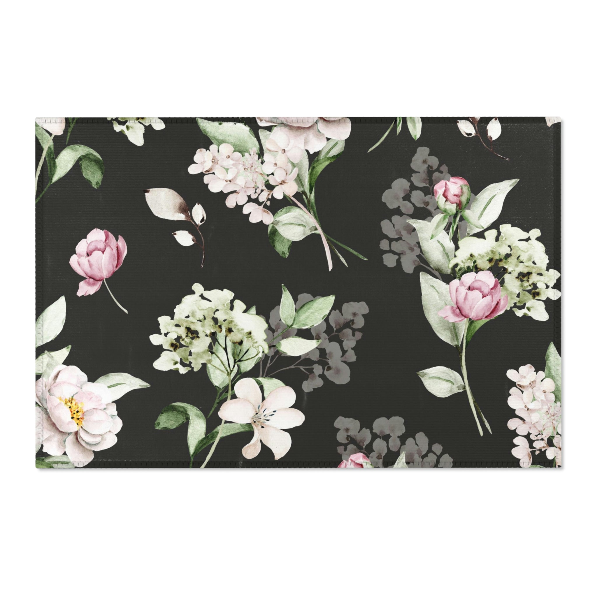 Floral Area Rug | Black Pink Peonies, Sage Green Botanical