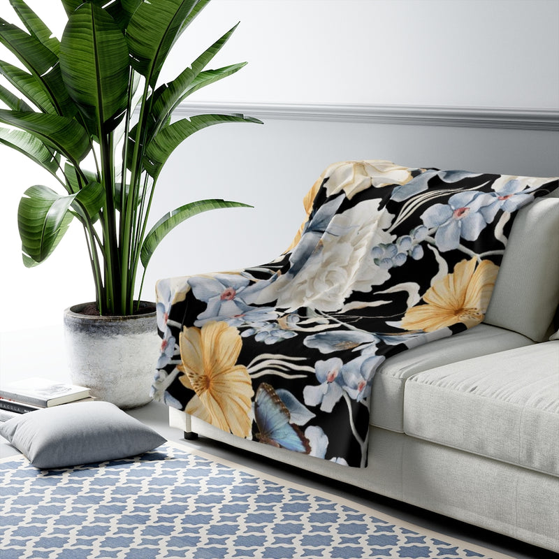Floral Comfy Blanket | Black Blue Butterflies