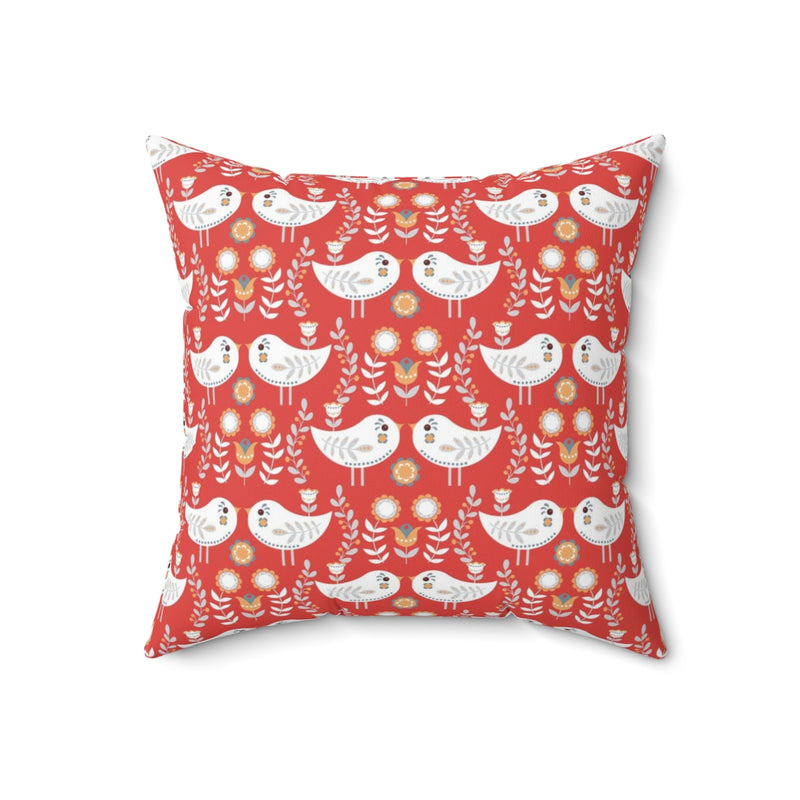 Scandi Nordic Boho Square Pillow Cover | White Red Birds Floral