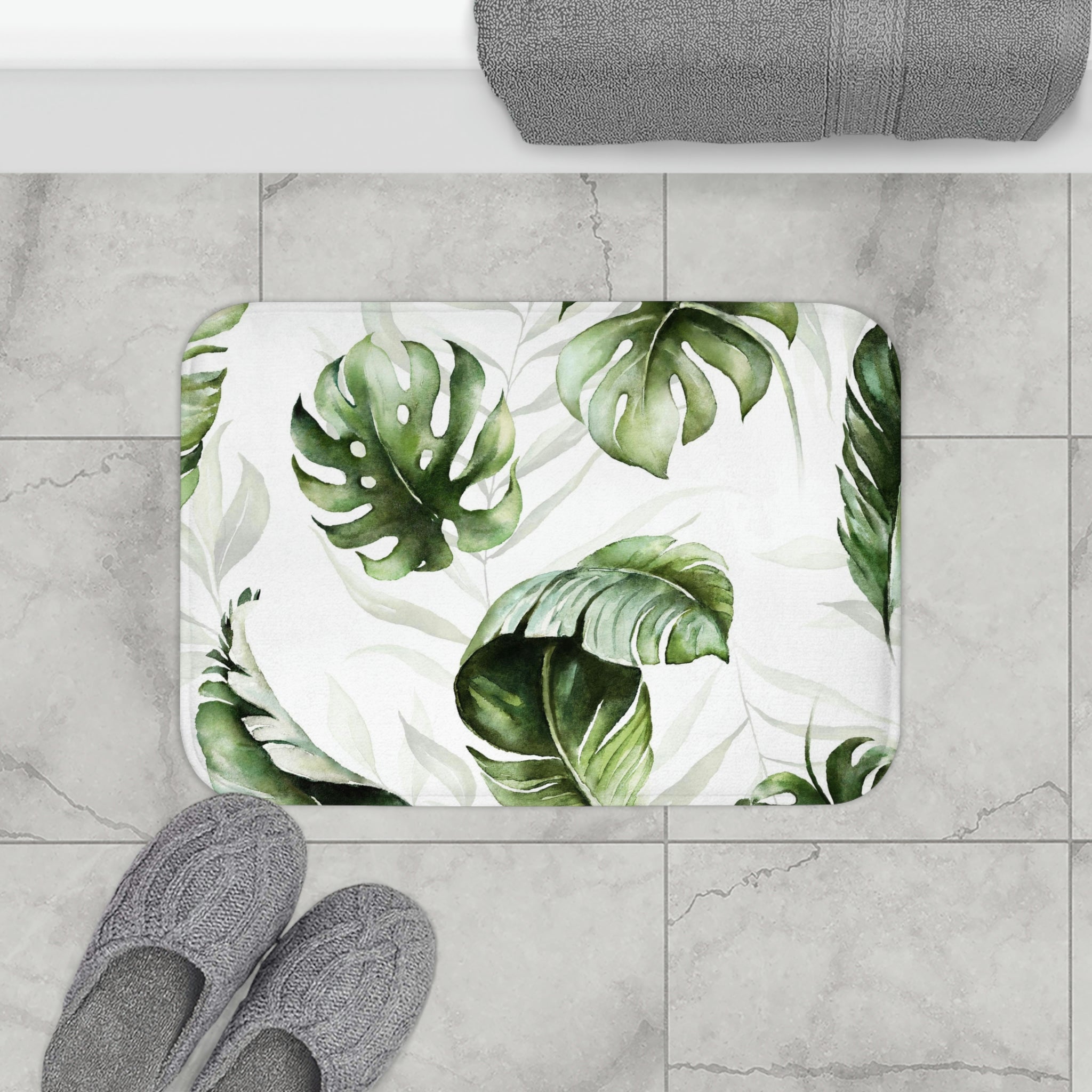 Floral Bath, Kitchen Mat | Jungle Green Monstera Leaves