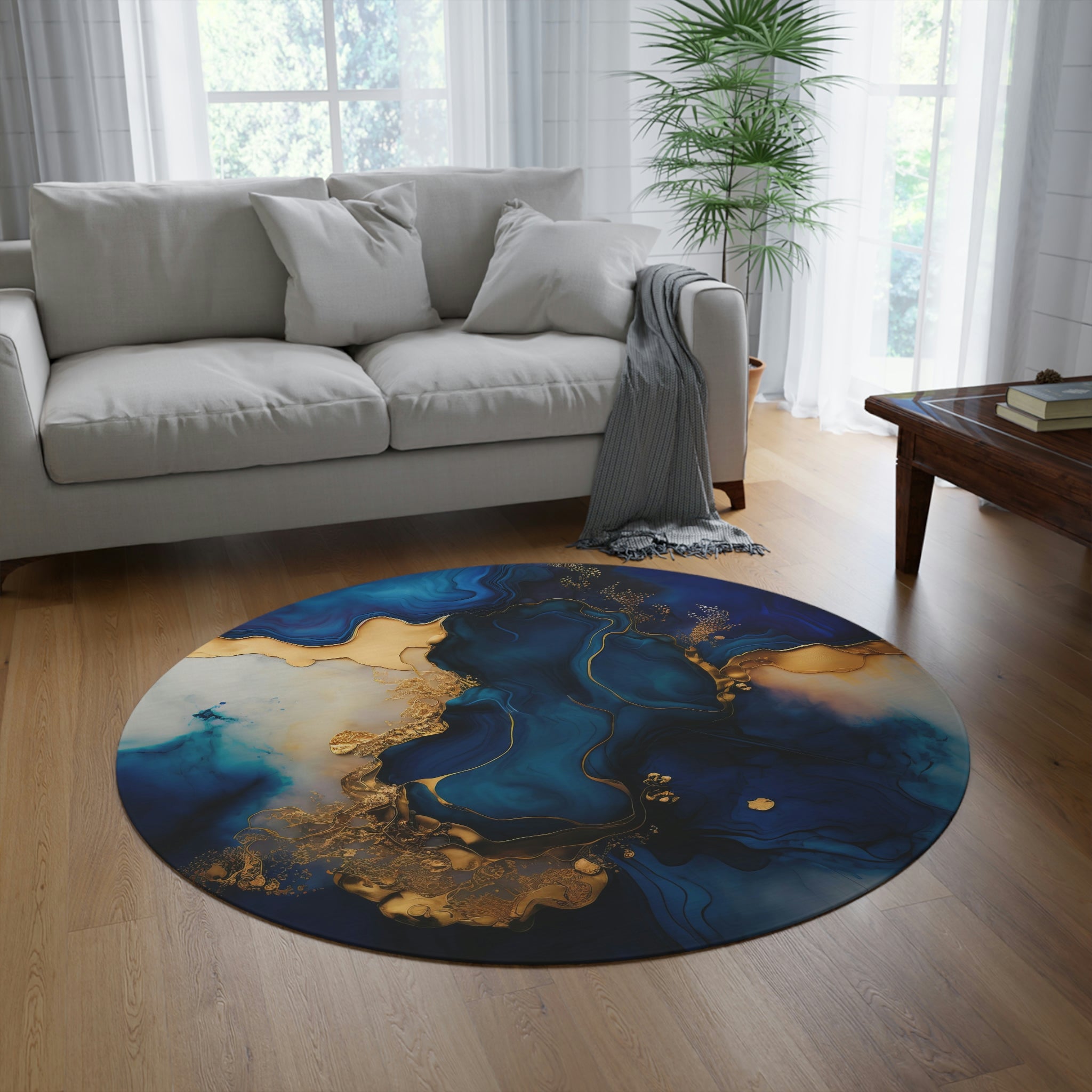 Round Area Rug | Navy Gold Abstract