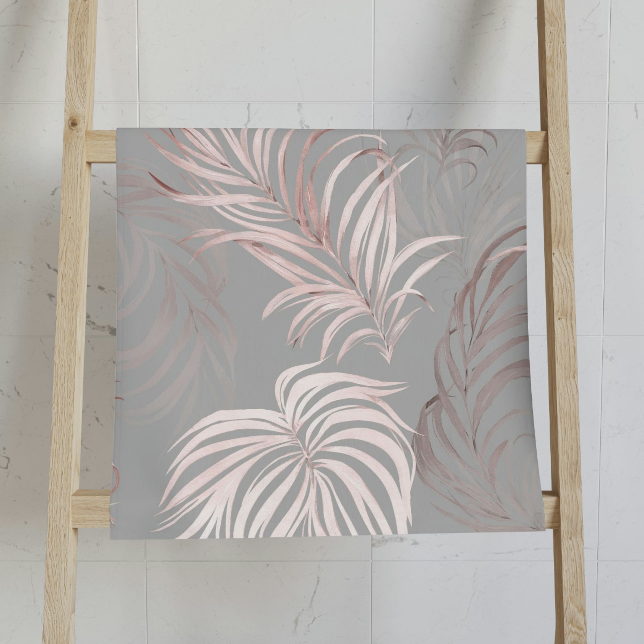 Floral Kitchen, Bath Hand Towel | Gray Blush Pink Wild Palm Leaves