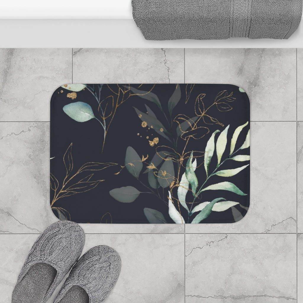 Black Green, Floral Bath Mat