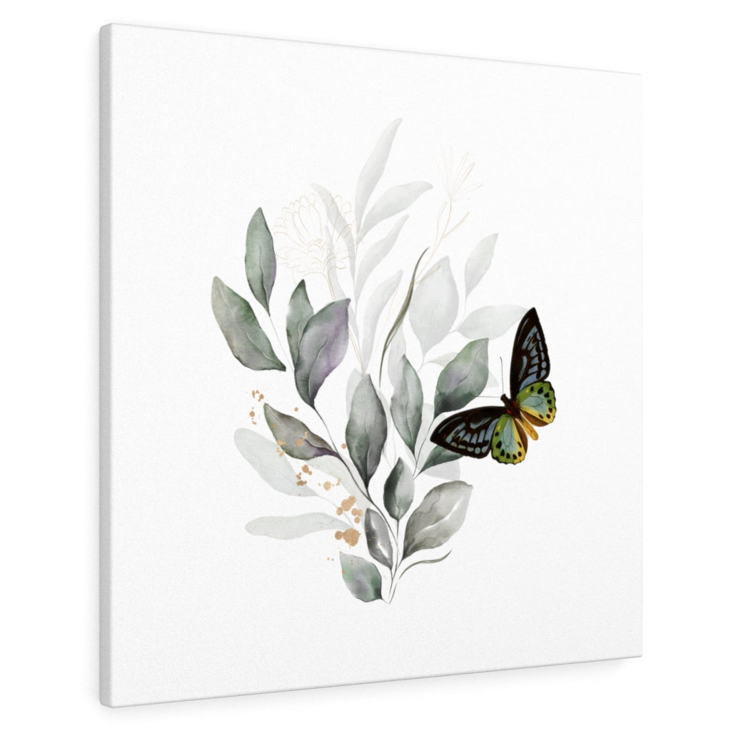 FLORAL CANVAS ART | White Grey Leaves Butterfly