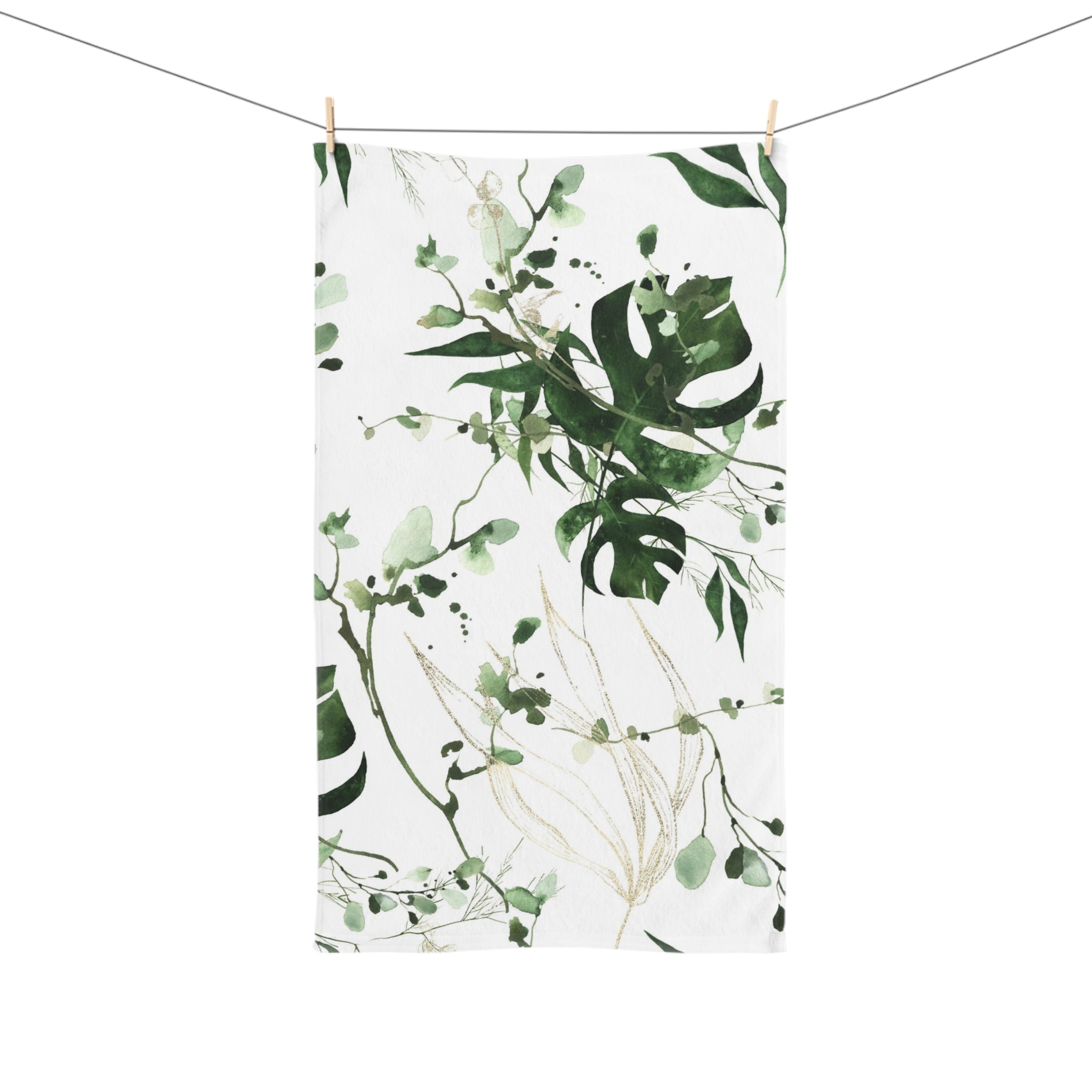 Floral Boho Kitchen, Bath Hand Towel | White Green Monstera Jungle Leaves