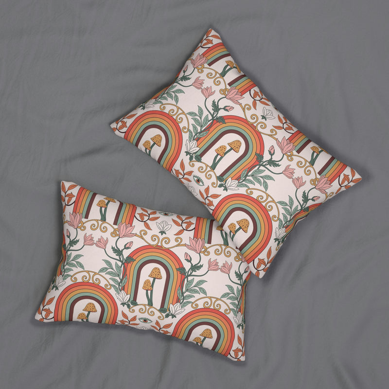 Retro Boho Lumbar Pillow | Mushrooms, Rainbow