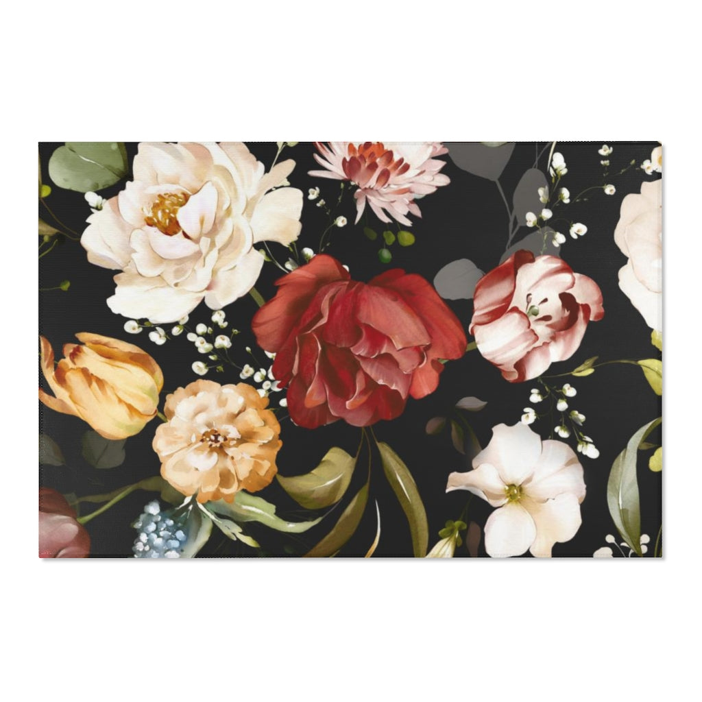 Floral Area Rug | Red Black Flowers