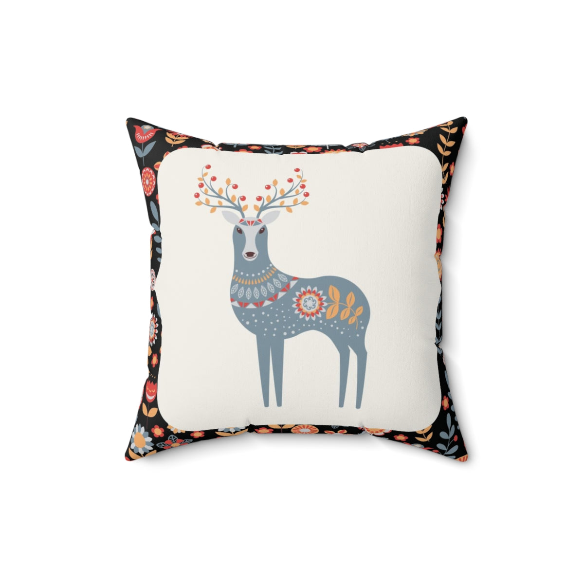 Scandi Nordic Boho Square Pillow Cover | Black Blue Raindeer Floral