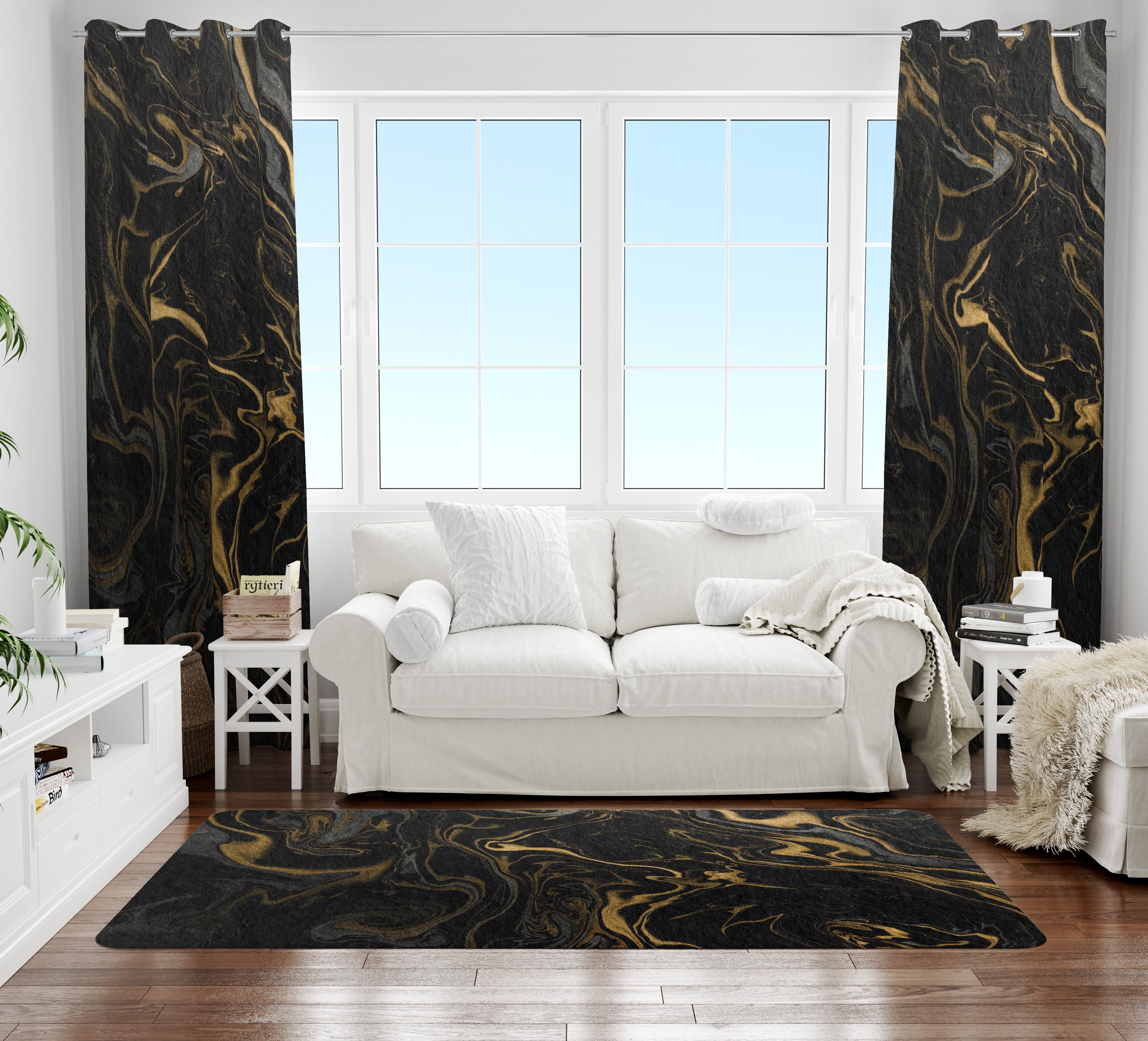 Abstract Area Rug | Black Beige Gold Marble