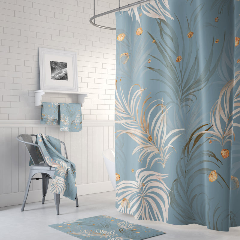 Boho Floral Shower Curtain | Blue Beige, Ivory Palm Leaves