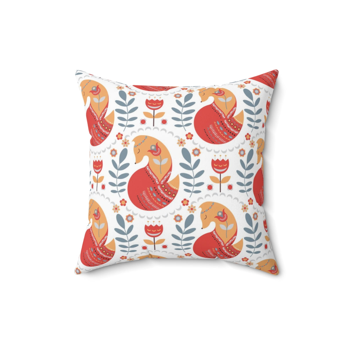 Scandi Nordic Boho Square Pillow Cover | Red Orange White Foxes