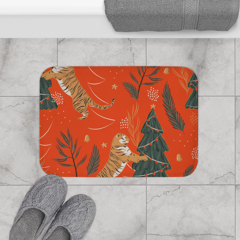 Christmas Bath Mat | Red Festive Trees and Tiger