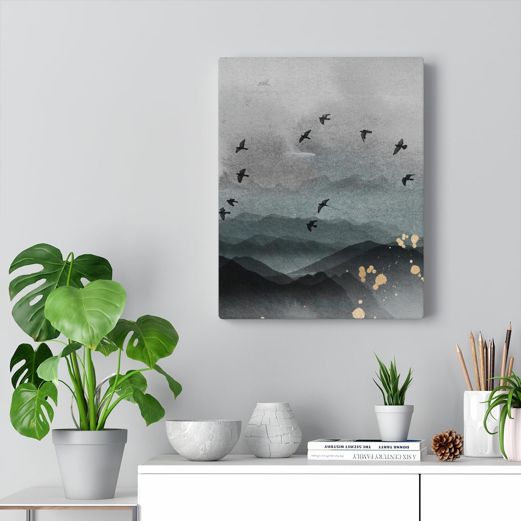 WHIMSICAL WALL CANVAS ART | Grey Blue Ombre Gold Birds