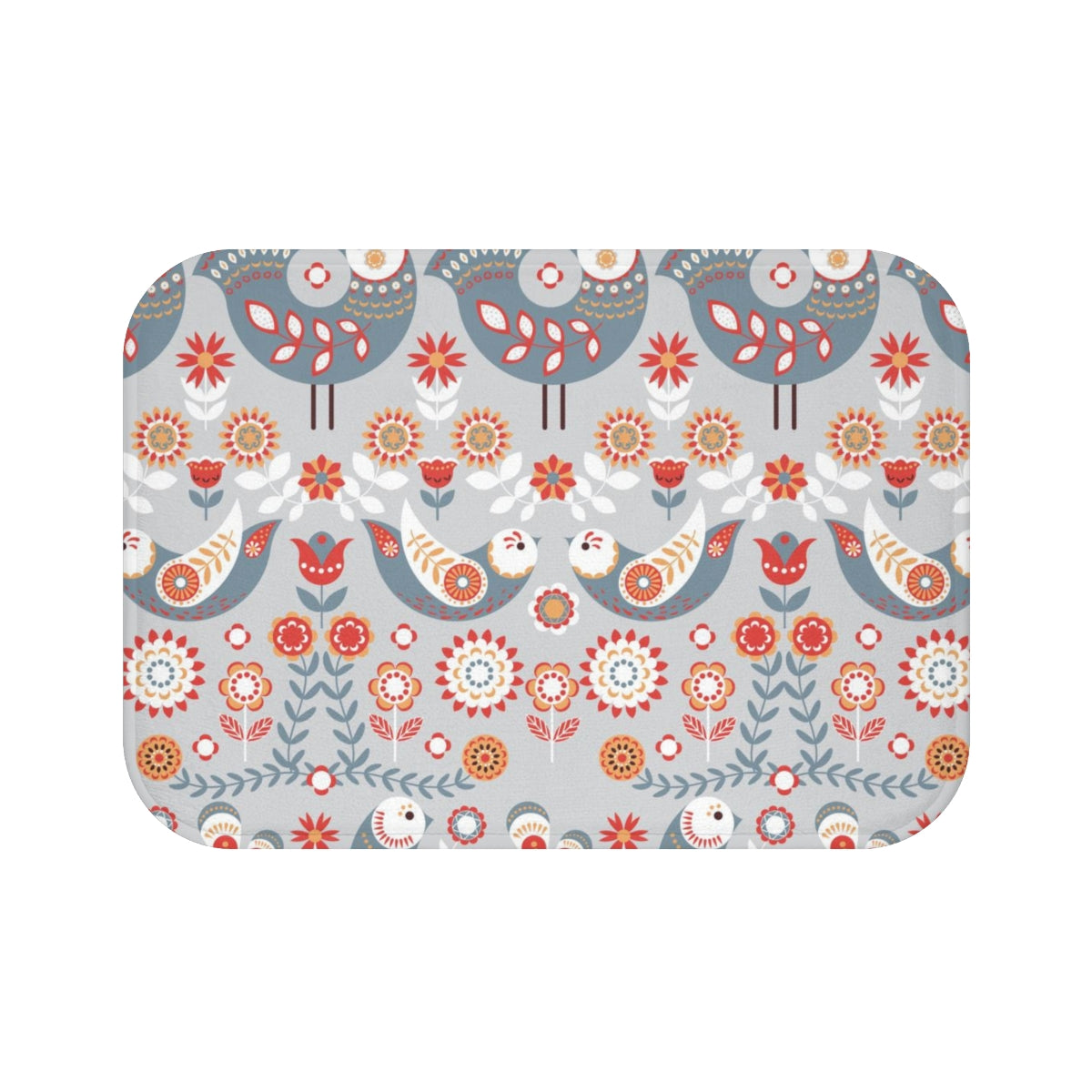 Christmas Bath Mat | Gray Blue White Nordic Folk Birds