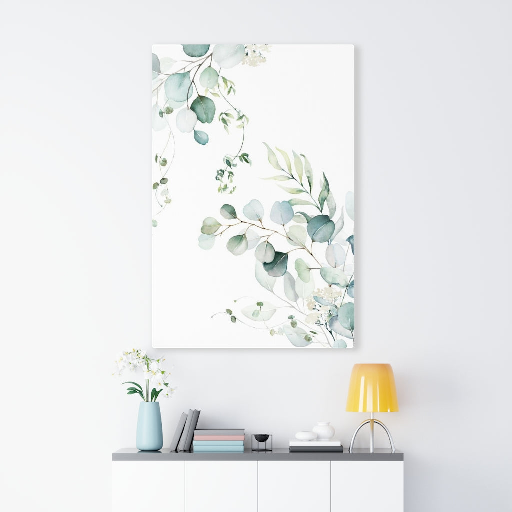 Floral Wall Canvas Art | White Green Eucalyptus Leaves