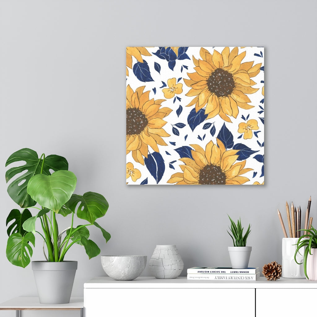 FLORAL WALL CANVAS ART | White Blue Yellow Sunflowers