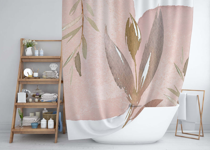Abstract Boho Shower Curtain | Blush Pink Rose Gold Leaves