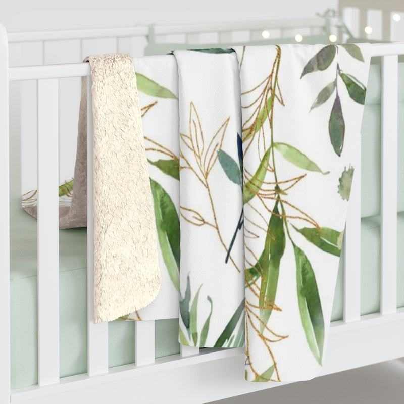 Floral Comfy Blanket | Green White Gold Sage Leaves