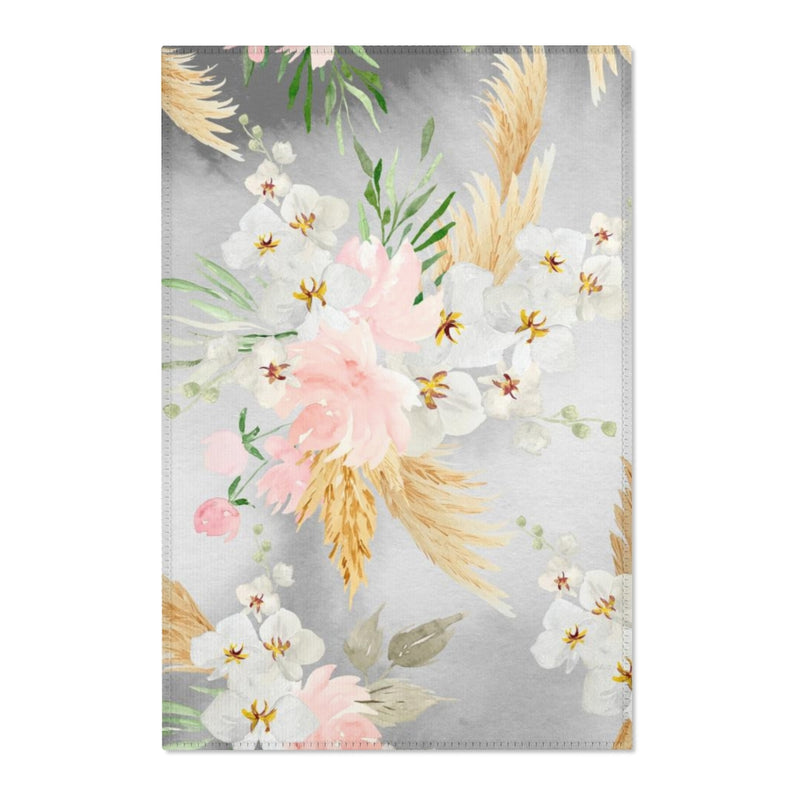 Floral Boho Area Rug | Gray White Orchids