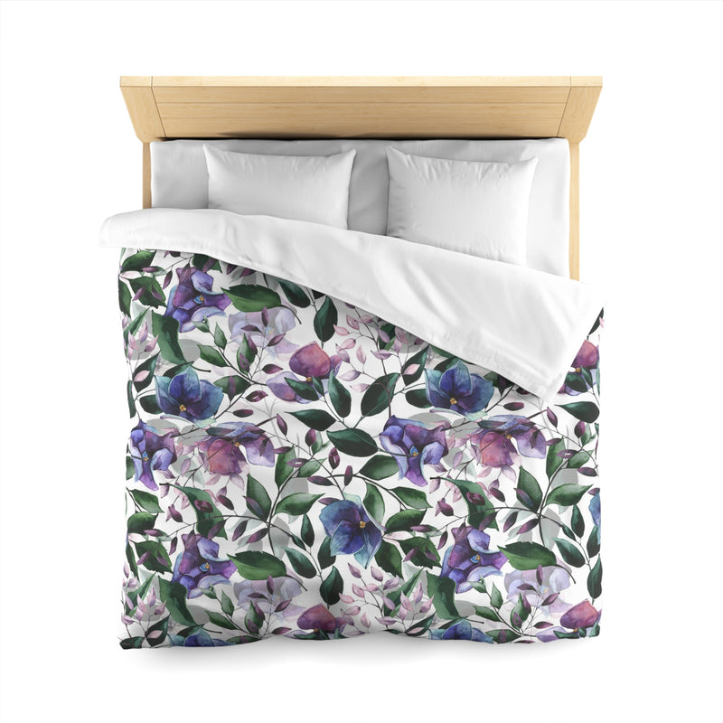 Floral Duvet Cover | White Purple Blue Green Jungle Flowers