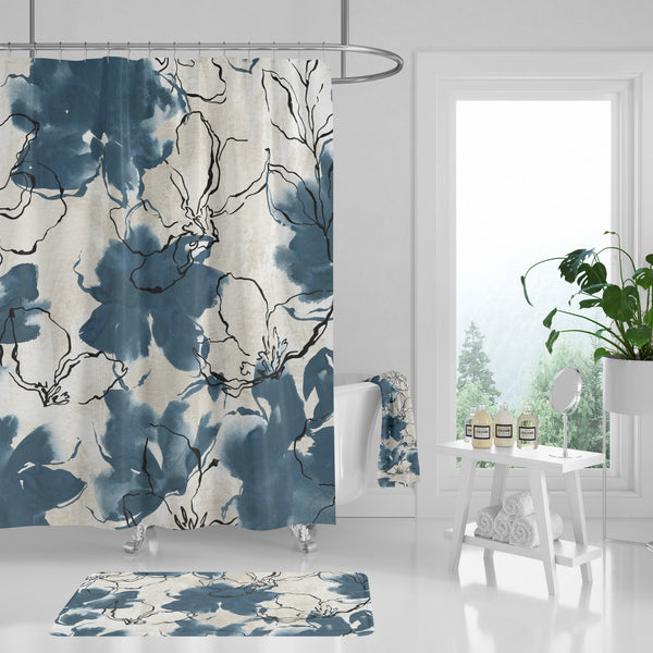 Floral Shower Curtain | Navy Blue White