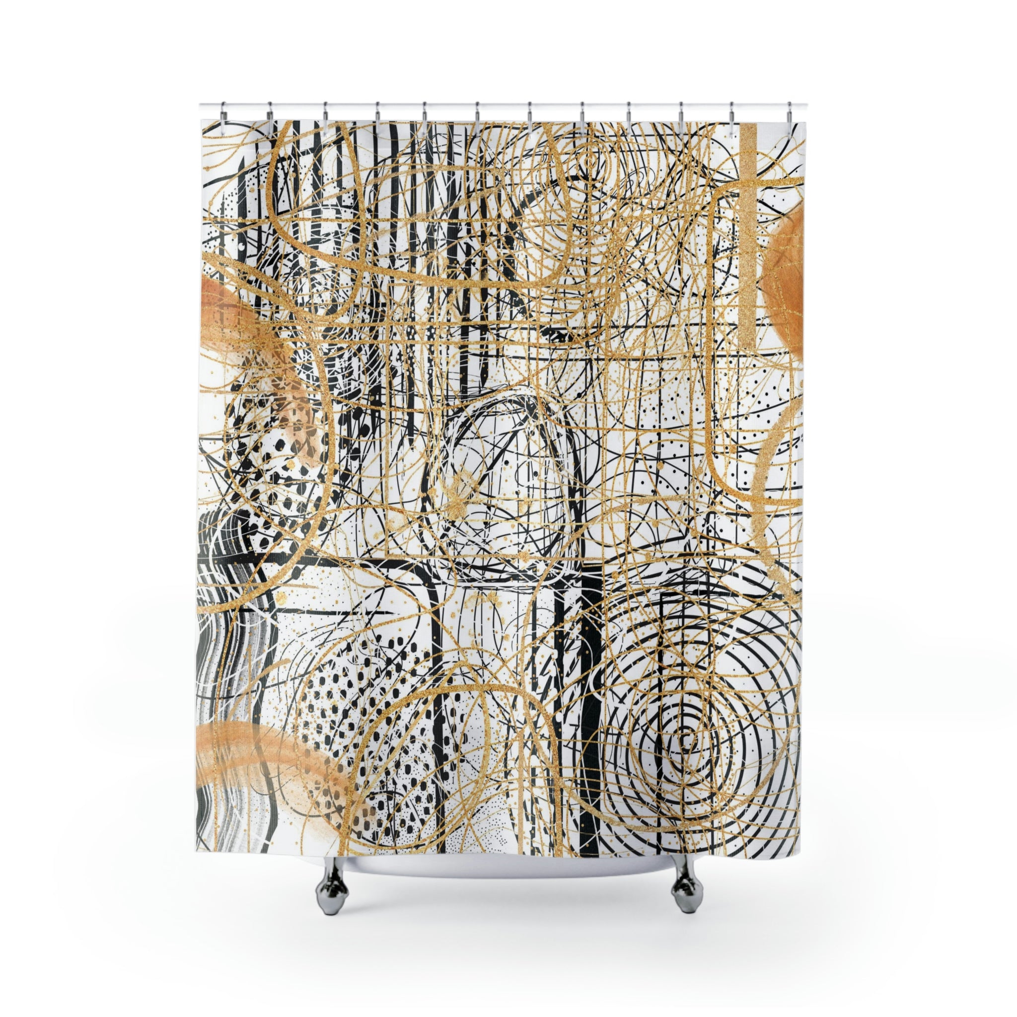 artsy beige and black shower curtain with an abstract design on it