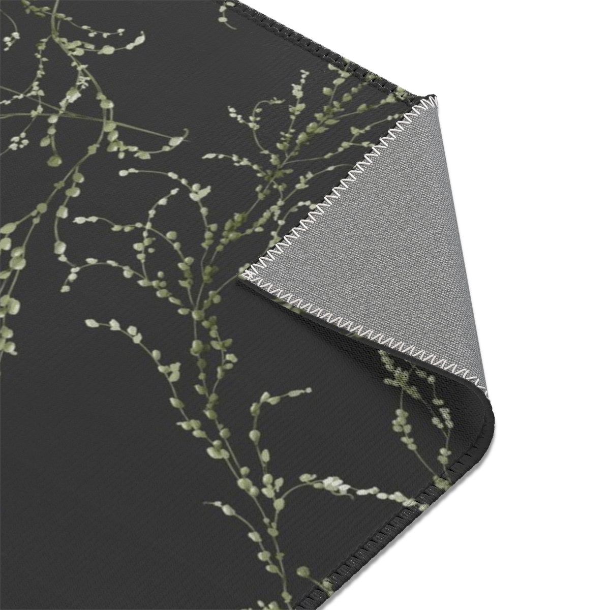 Floral Area Rug | Black Green Delicate Leaves