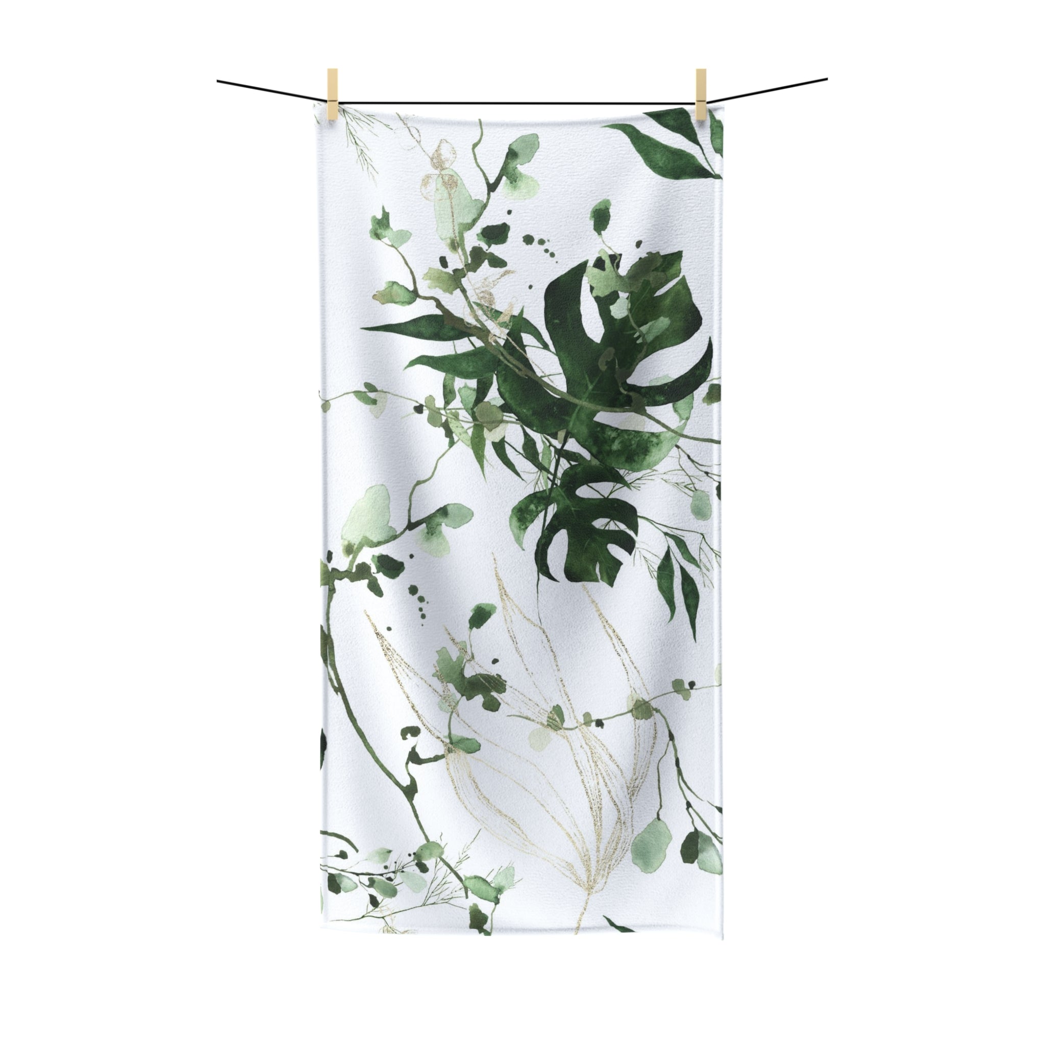 Floral Boho Bath Beach Towel | White Green Monstera Jungle Leaves