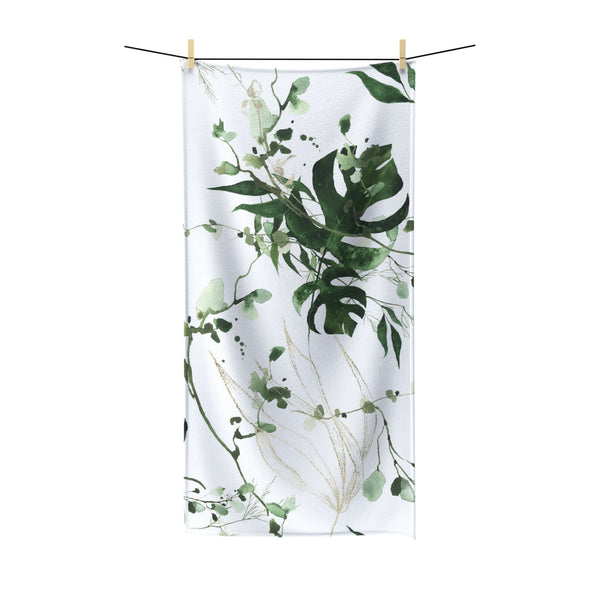 Floral Boho Bath Beach Towel | White Green Monstera Jungle Leaves